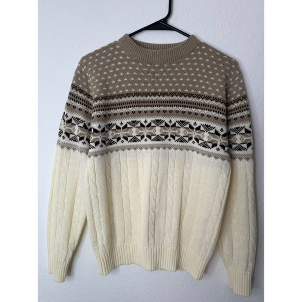 Eleven Sixty Six Vintage Fair Isle Cable Knit Sweater Tan Cream Brown Acrylic